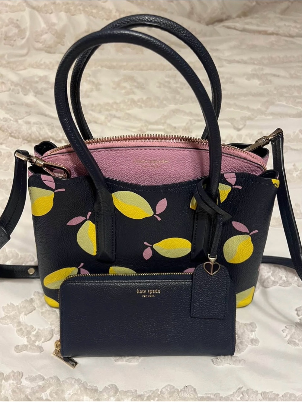 Kate Spade Navy Lemon Print Satchel with Wallet